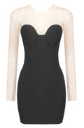 Crew-Neck Long-Sleeve Mesh Rhinestone Splicing Backless Bodycon Dress