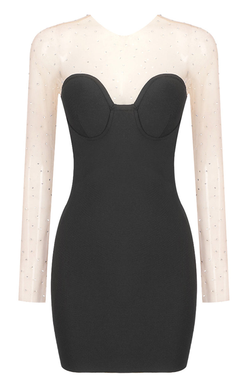 Crew-Neck Long-Sleeve Mesh Rhinestone Splicing Backless Bodycon Dress