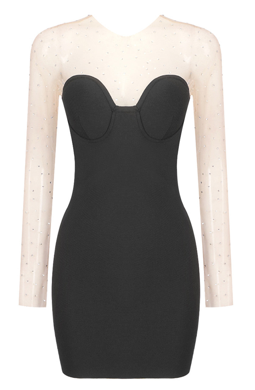 Crew-Neck Long-Sleeve Mesh Rhinestone Splicing Backless Bodycon Dress