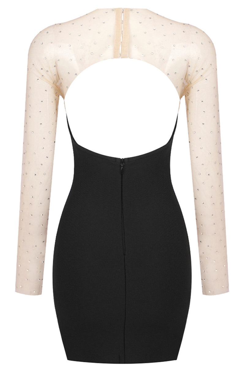 Crew-Neck Long-Sleeve Mesh Rhinestone Splicing Backless Bodycon Dress