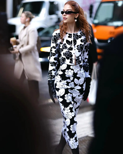Long Sleeve Weave Flowers 2 Pieces Bodycon Bandage Set