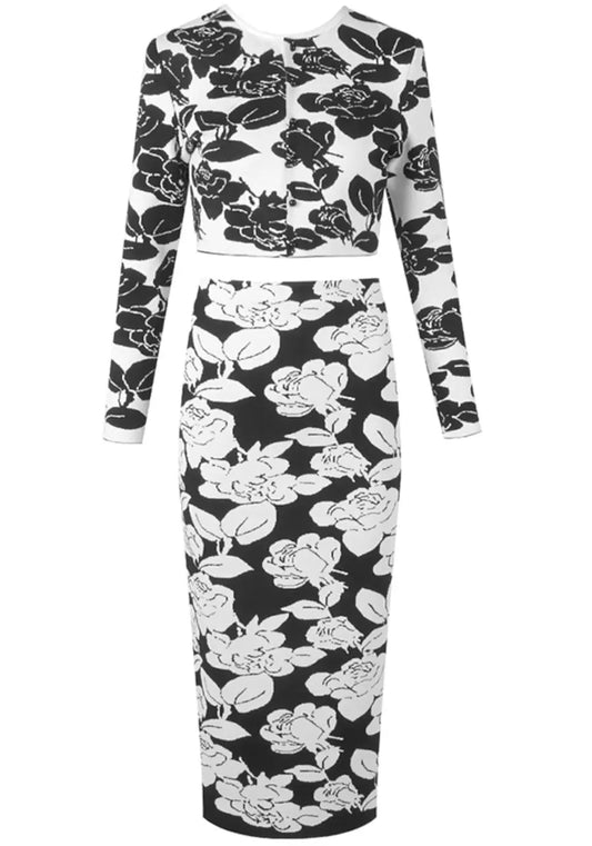 Long Sleeve Weave Flowers 2 Pieces Bodycon Bandage Set
