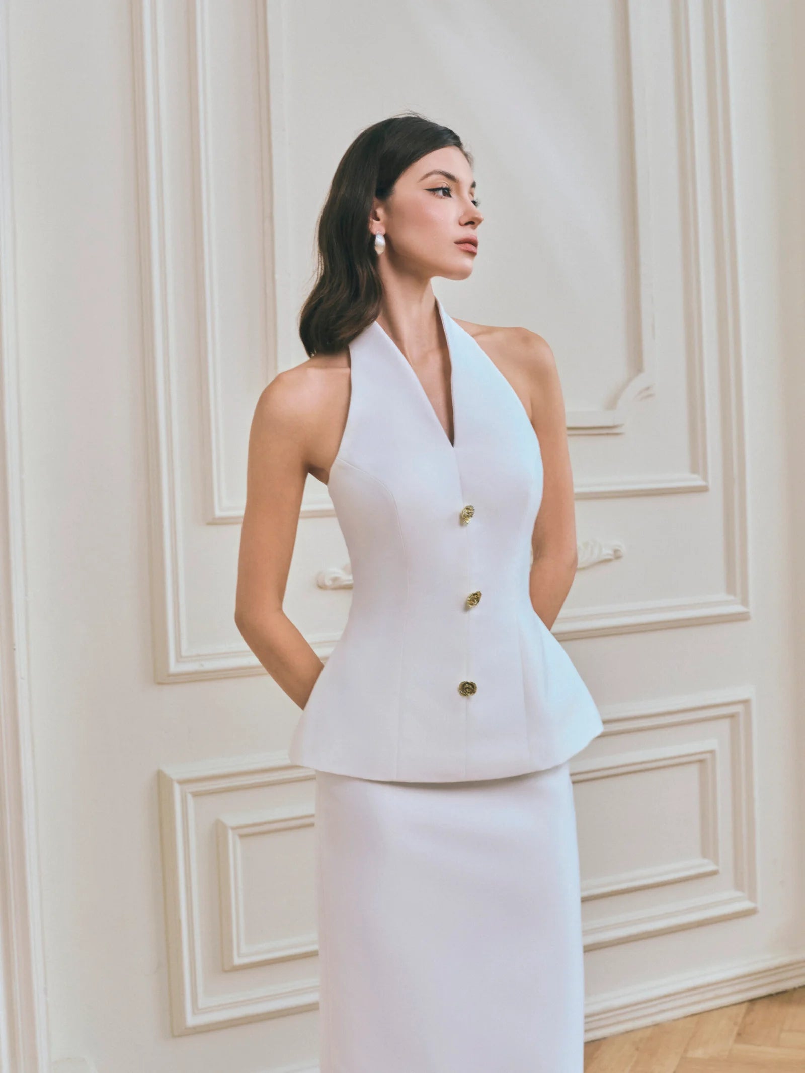 Halter V-Neck Backless Top & Straight Skirt Set