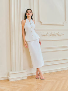 Halter V-Neck Backless Top & Straight Skirt Set