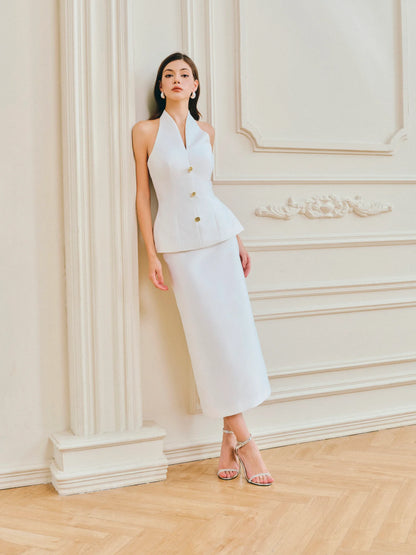 Halter V-Neck Backless Top & Straight Skirt Set