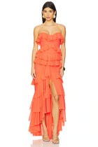 Strapless Layered Ruffled Front-Slit Asymmetrical Hem Gown