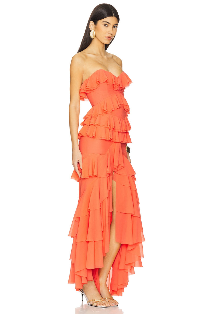 Strapless Layered Ruffled Front-Slit Asymmetrical Hem Gown