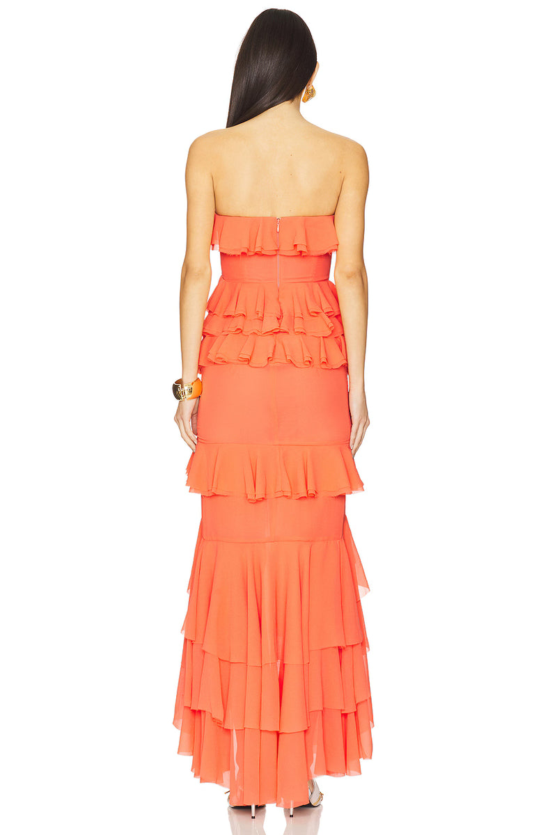 Strapless Layered Ruffled Front-Slit Asymmetrical Hem Gown