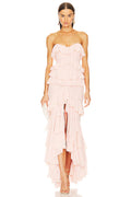 Strapless Layered Ruffled Front-Slit Asymmetrical Hem Gown