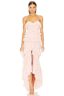 Strapless Layered Ruffled Front-Slit Asymmetrical Hem Gown