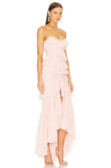 Strapless Layered Ruffled Front-Slit Asymmetrical Hem Gown