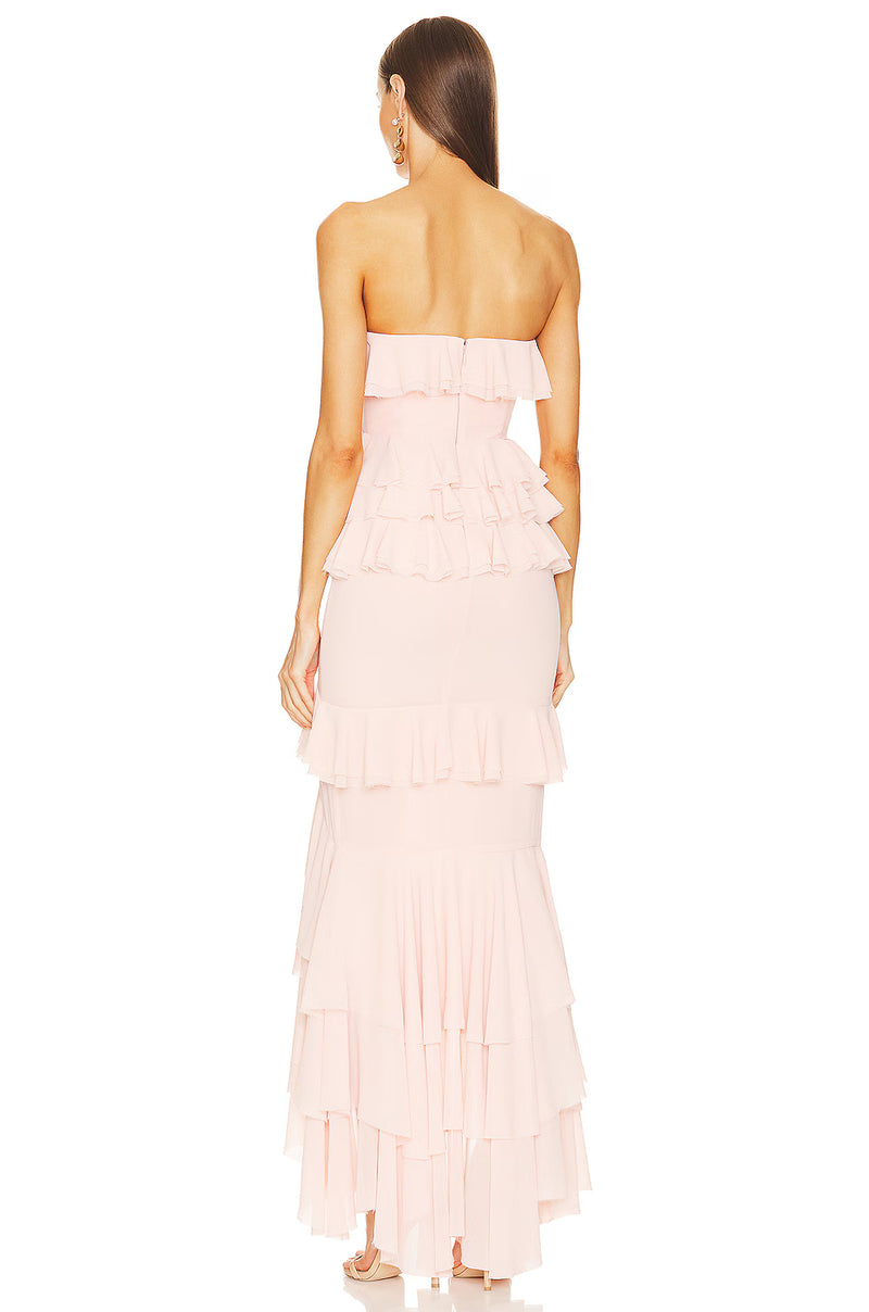 Strapless Layered Ruffled Front-Slit Asymmetrical Hem Gown