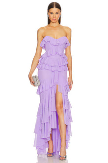 Strapless Layered Ruffled Front-Slit Asymmetrical Hem Gown