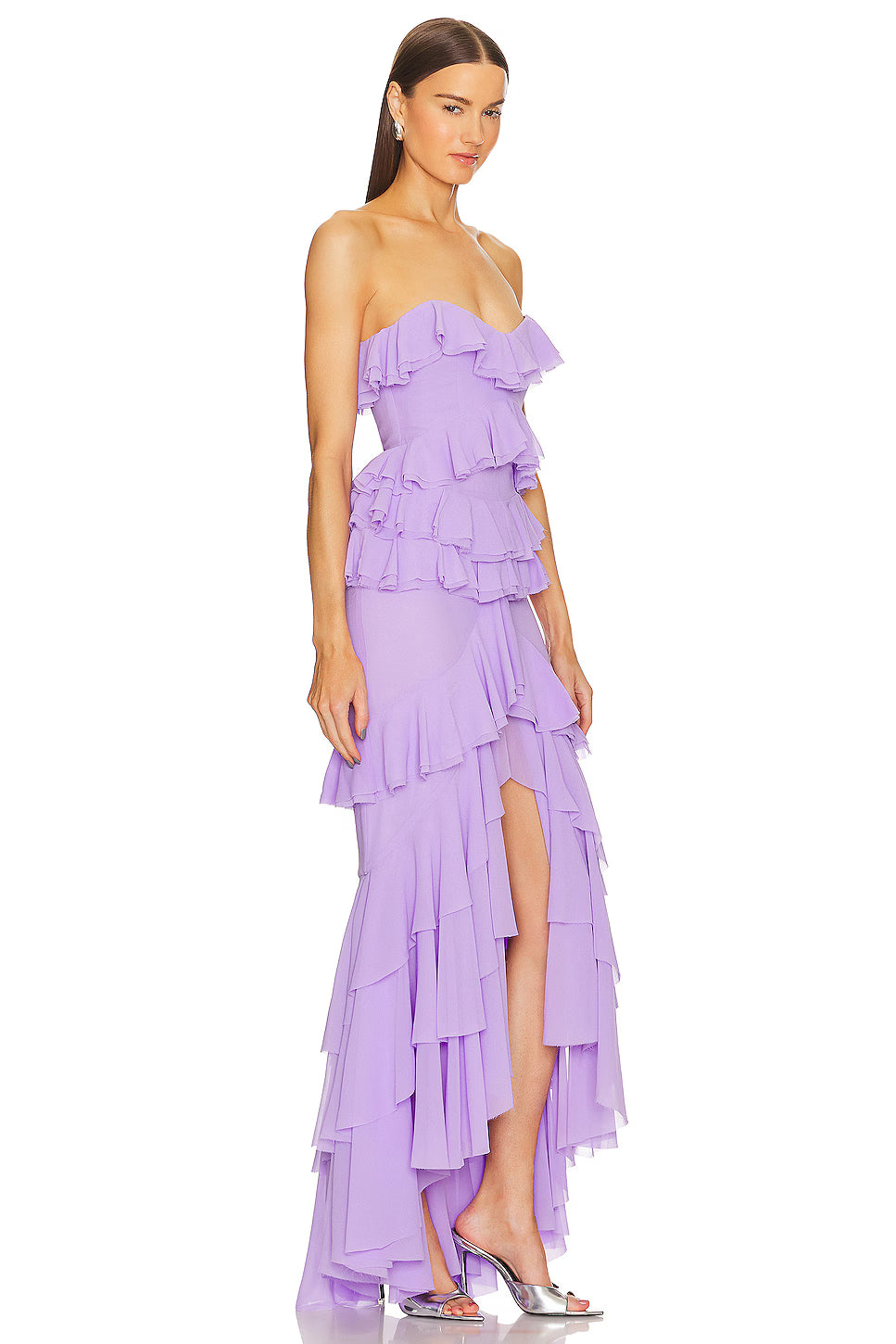 Strapless Layered Ruffled Front-Slit Asymmetrical Hem Gown