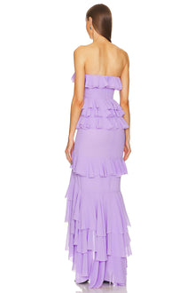 Strapless Layered Ruffled Front-Slit Asymmetrical Hem Gown