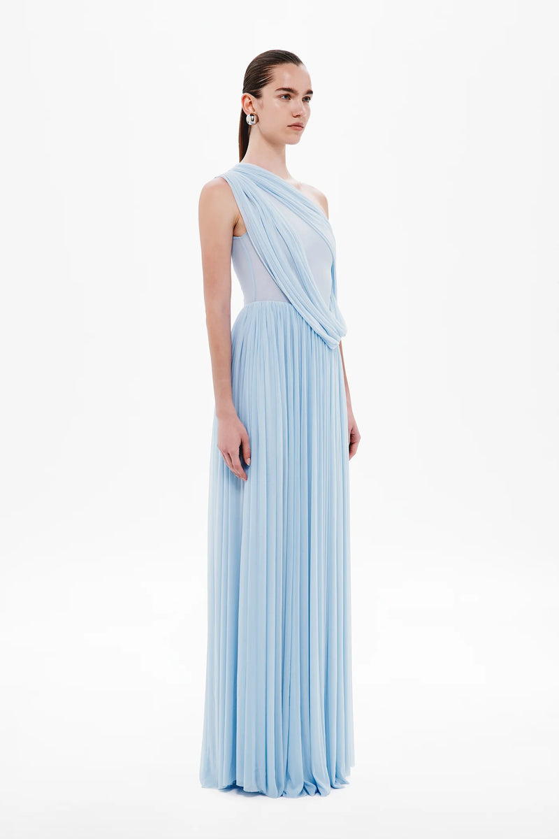 One-Shoulder Draped Mesh-Panel Sculptural Grecian Dress