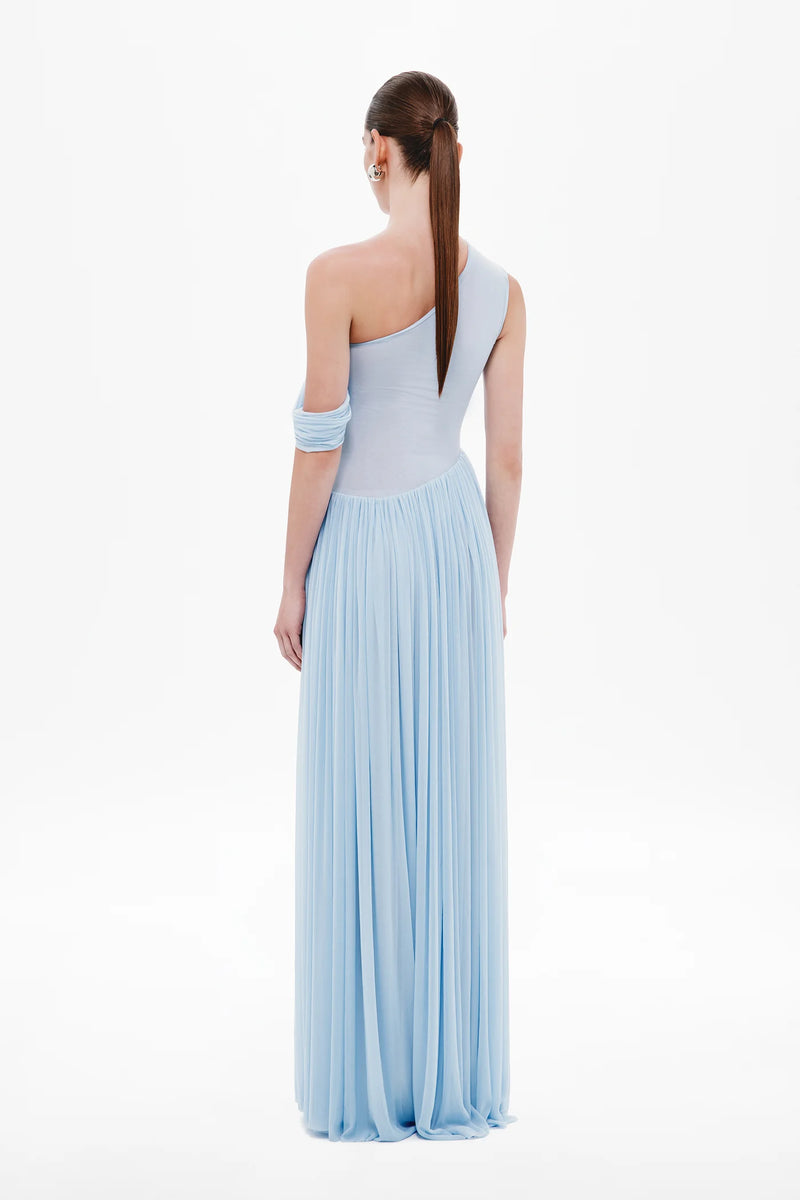 One-Shoulder Draped Mesh-Panel Sculptural Grecian Dress