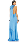 High-Neck Sleeveless Bow-Detail Backless Satin Evening Gown