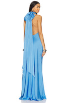 High-Neck Sleeveless Bow-Detail Backless Satin Evening Gown
