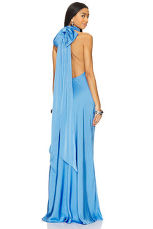 High-Neck Sleeveless Bow-Detail Backless Satin Evening Gown