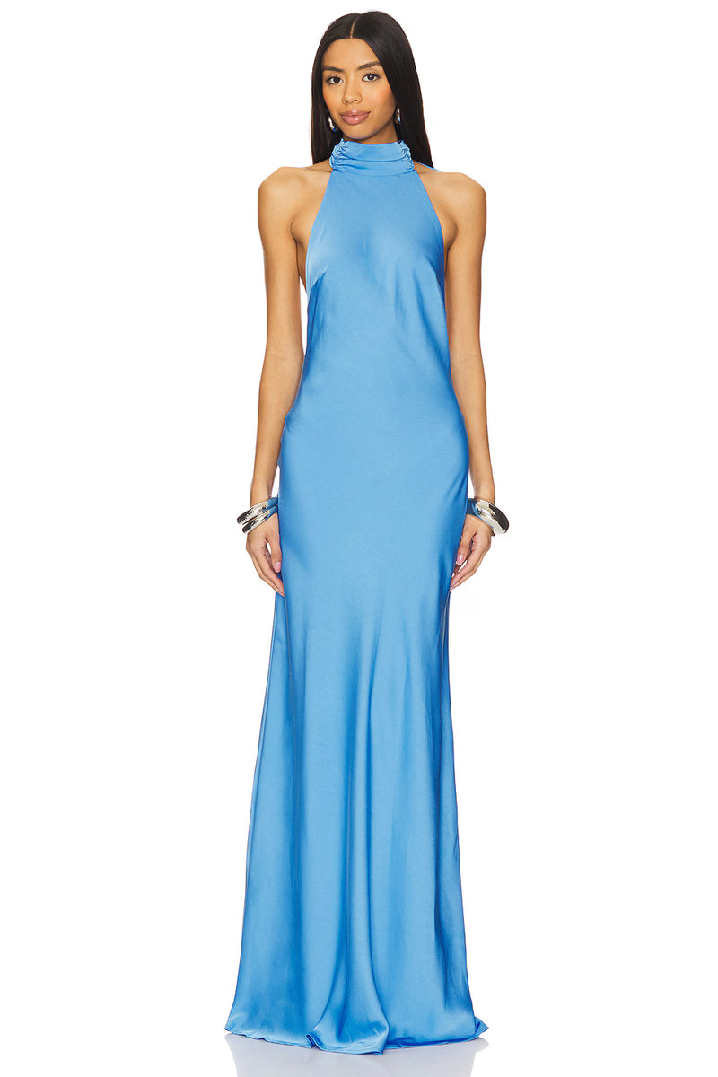 High-Neck Sleeveless Bow-Detail Backless Satin Evening Gown