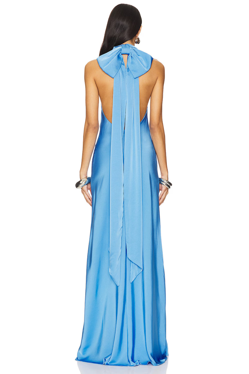 High-Neck Sleeveless Bow-Detail Backless Satin Evening Gown