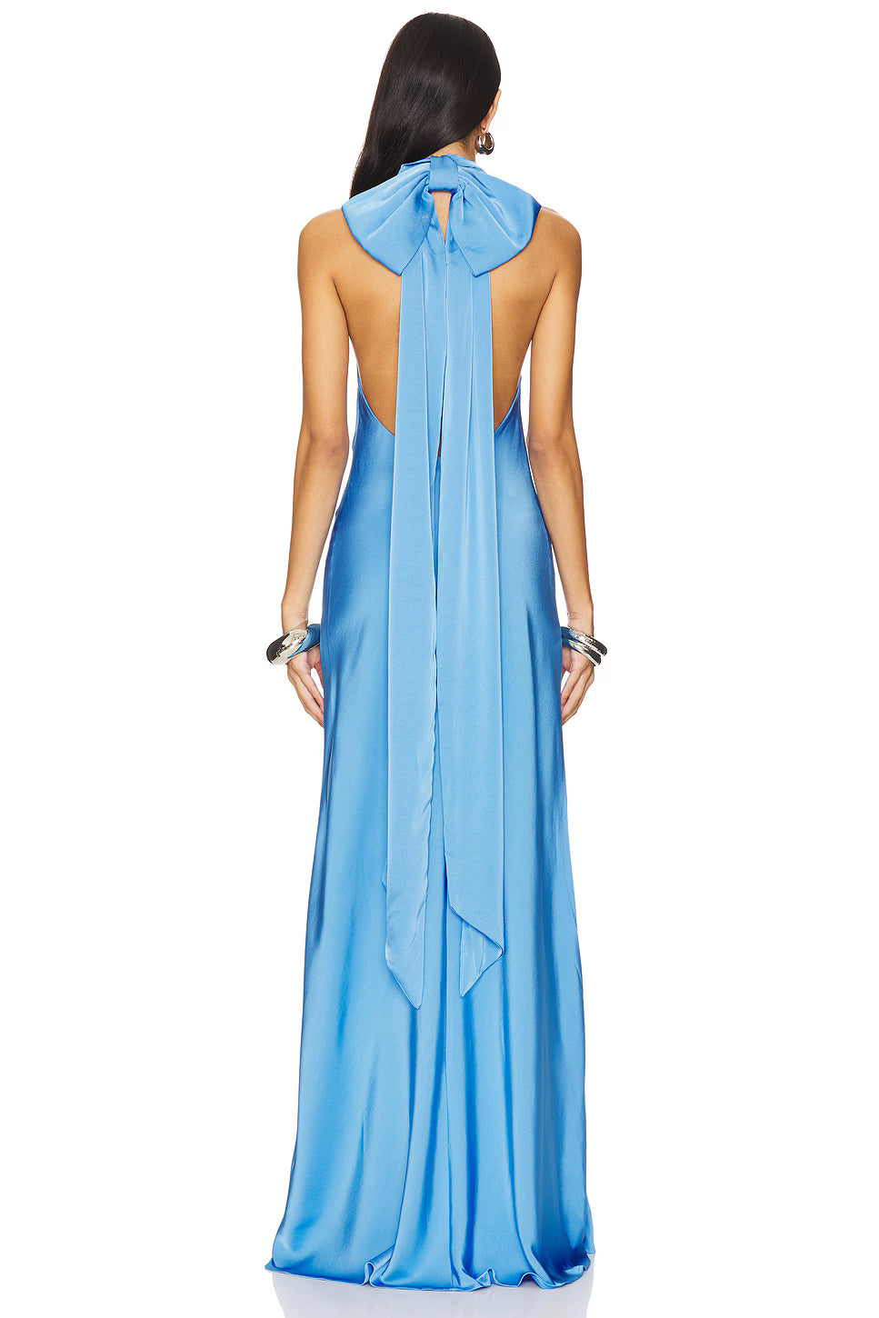 High-Neck Sleeveless Bow-Detail Backless Satin Evening Gown