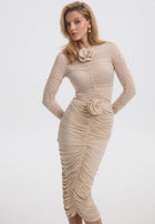 Floral-appliqué ruched skirt set in beige