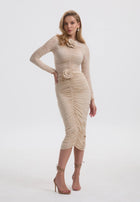 Floral-appliqué ruched skirt set in beige