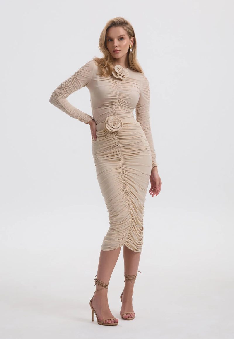 Floral-appliqué ruched skirt set in beige
