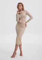 Floral-appliqué ruched skirt set in beige