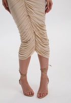 Floral-appliqué ruched skirt set in beige