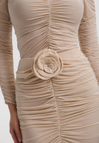 Floral-appliqué ruched skirt set in beige