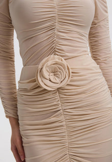 Floral-appliqué ruched skirt set in beige