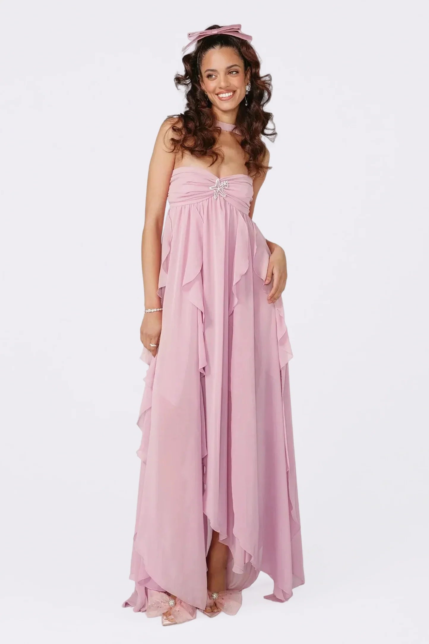 Strapless Draped-Neck Backless Asymmetric-Hem Chiffon Purple Dress
