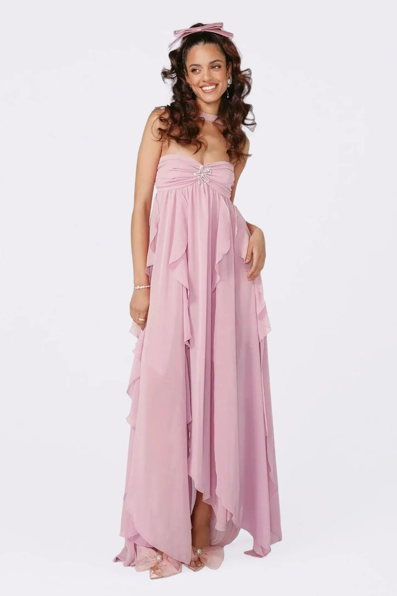 Strapless Draped-Neck Backless Asymmetric-Hem Chiffon Purple Dress
