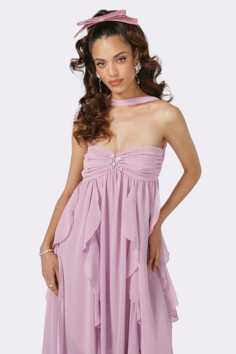 Strapless Draped-Neck Backless Asymmetric-Hem Chiffon Purple Dress