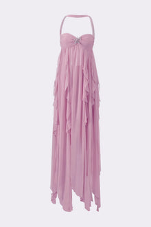 Strapless Draped-Neck Backless Asymmetric-Hem Chiffon Purple Dress