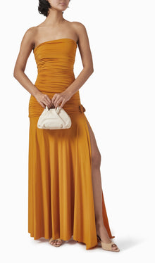 Off Shoulder Pleated Split Maxi Dress