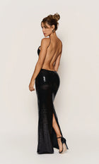 Sequin Halter Front-Center Cutout Back-Slit Dress