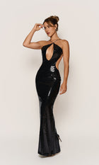 Sequin Halter Front-Center Cutout Back-Slit Dress