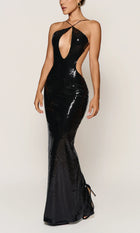 Sequin Halter Front-Center Cutout Back-Slit Dress