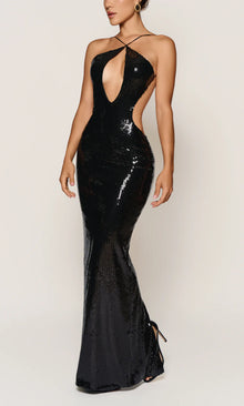 Sequin Halter Front-Center Cutout Back-Slit Dress