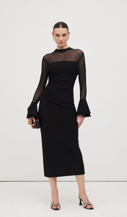Mesh Stitching Long Sleeve Midi Dress