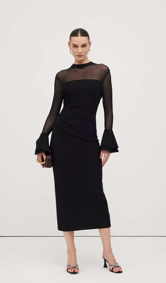 Mesh Stitching Long Sleeve Midi Dress