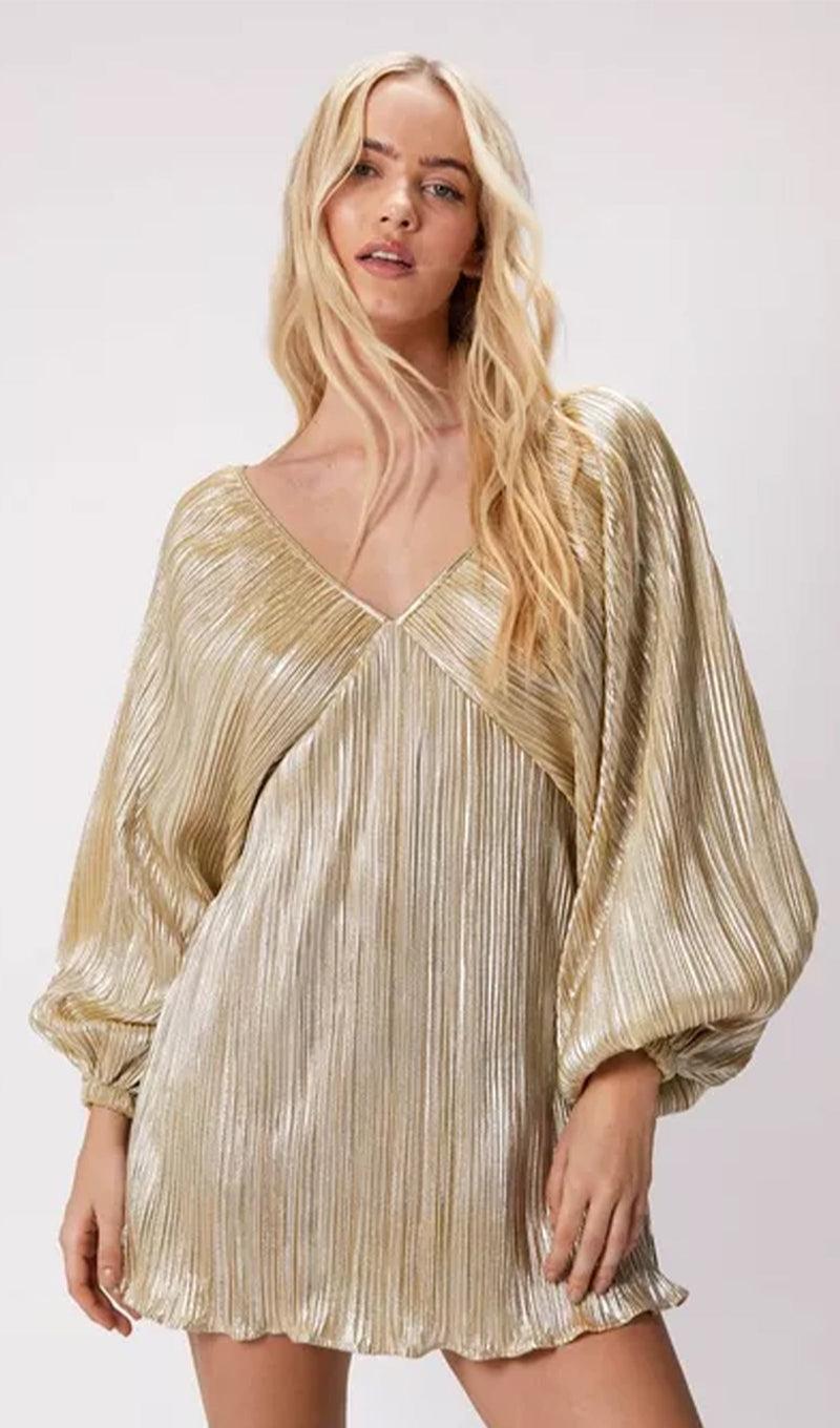 Metallic Balloon Sleeve Mini Dress