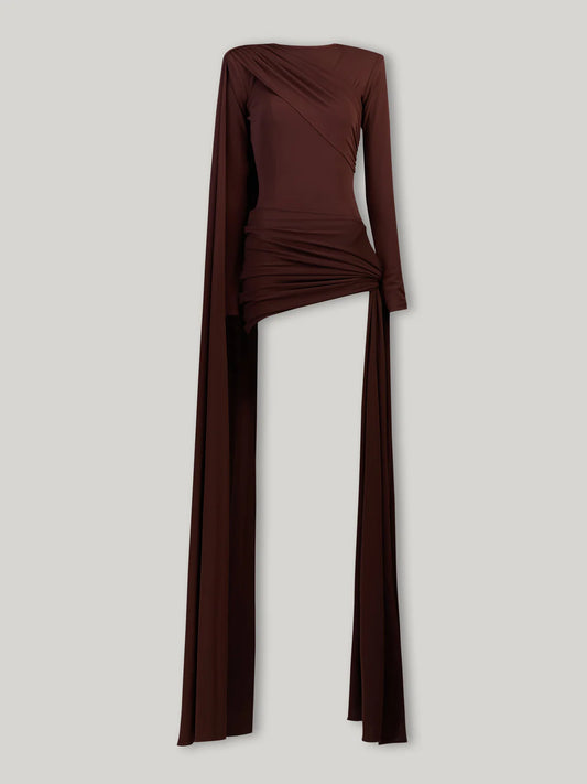 Long-Sleeve Crew Neck Shoulder-Padded Draped Caped Mini Dress