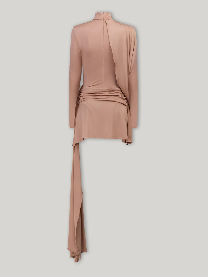 Mid-High Neck Wrap Style Long-Sleeve Mini Dress