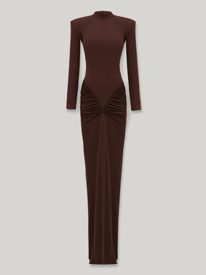Mid-Neck Long-Sleeve Ruched Dress