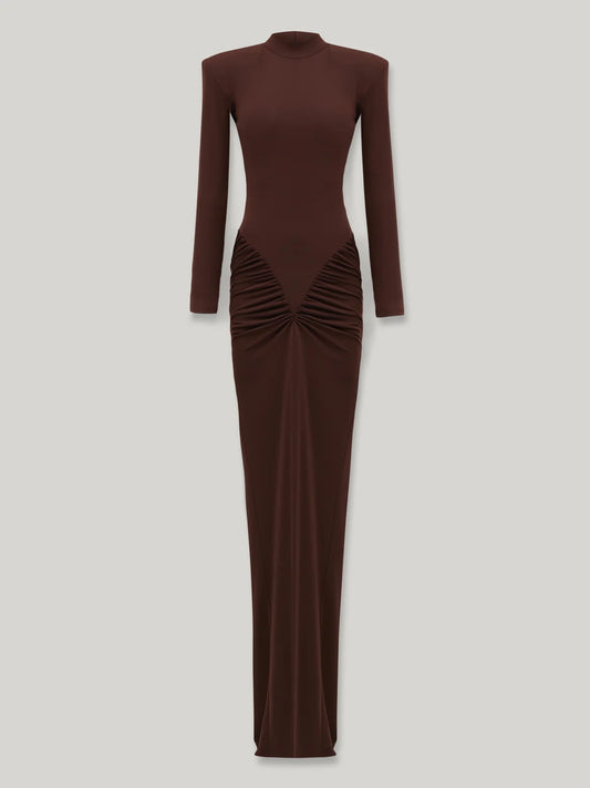 Mid-Neck Long-Sleeve Ruched Dress